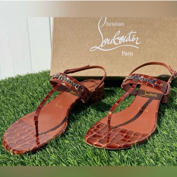 CHRISTIAN LOUBOUTIN MJ THONG CARAMEL BROWN CROC LEATHER SANDALS SZ 39 BLOCK HEEL - Picture 6 of 16